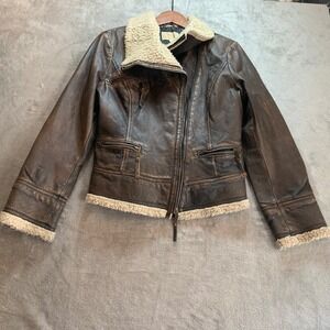 Michael Kors Womens Brown Leather Faux Fur Shearling Moto Aviator Jacket Large